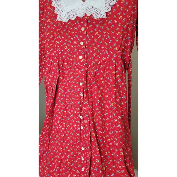 Vintage 70s Cinderella Red Floral Prairie Dress Lace Trim Size 14 Made in USA - Picture 2 of 12